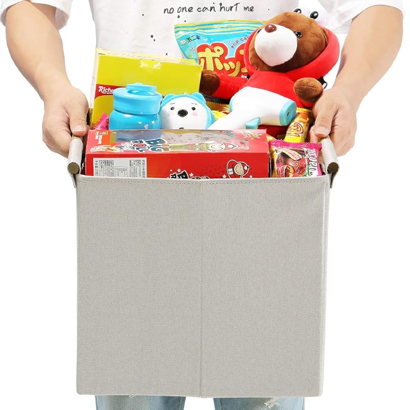 HOONEX Collapsible Storage Bins, 13x13x13in Storage Cubes Linen Fabric, 3 Pack, Storage Baskets with Wooden Carry Handle 13  L x 13  W x 13  H бежевый