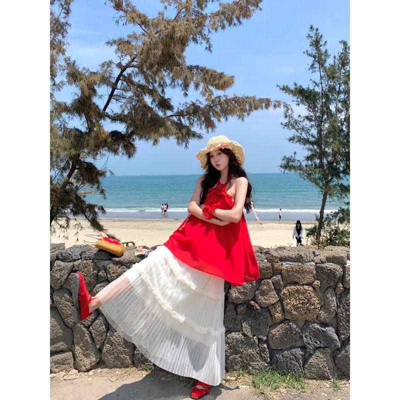 Kumikumi Idle Style Set Red Halter Top Women Summer High Waist Slimming Versatile Skirt Two-piece Set