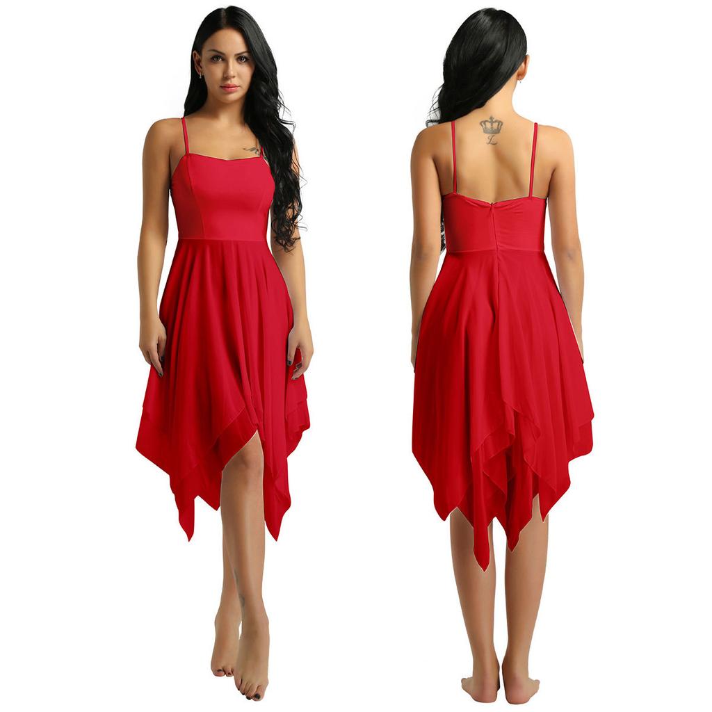Damen-Ballettkleid für Gesellschaftstanz, Spaghettiträger, ärmellos, asymmetrisch, zeitgenössische Tanzbekleidung