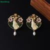 Vintage Art Nouveau Dancer Earrings – Enamel Floral Design with Freshwater Pearl Drop for Women