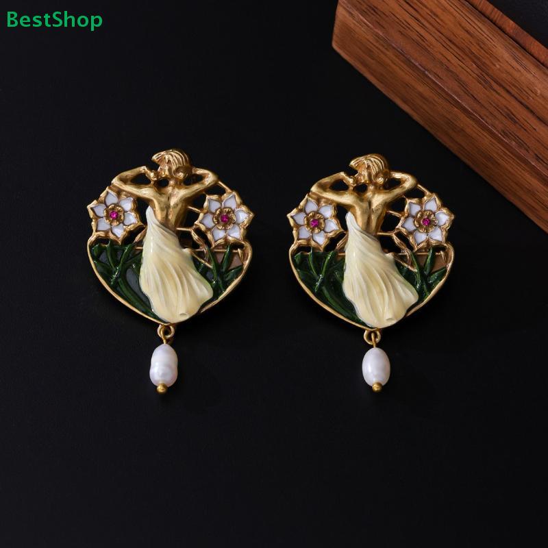 Vintage Art Nouveau Dancer Earrings – Enamel Floral Design with Freshwater Pearl Drop for Women