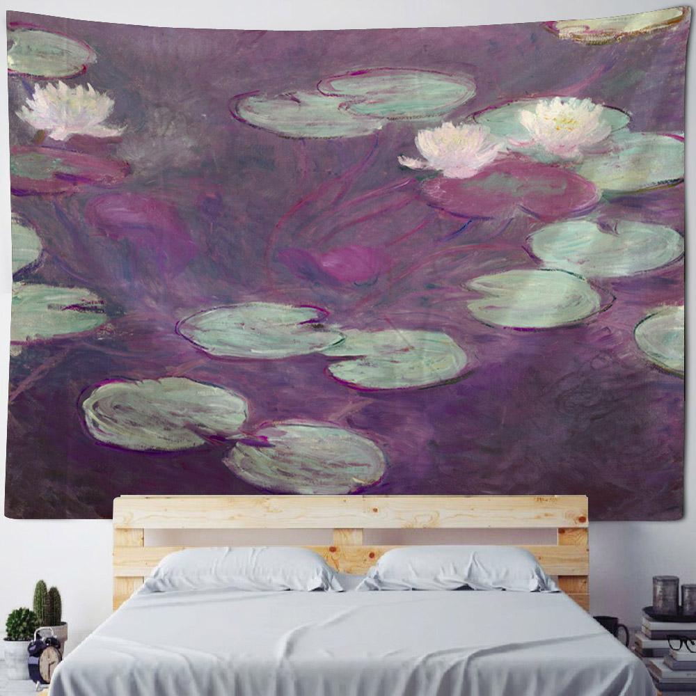 Retro oil painting, water lily print, tapestry, flower and plant wall hanging, home decoration, abstract aesthetic tapestry