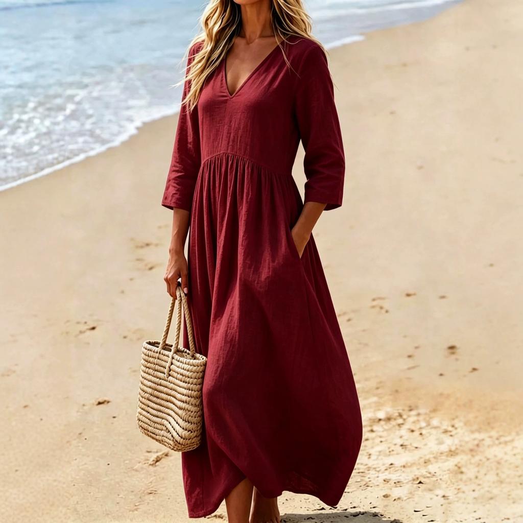 Damen V-Ausschnitt Midi Kleid Lässig Strandurlaub Einfarbig A-Linien Kleid mit Taschen