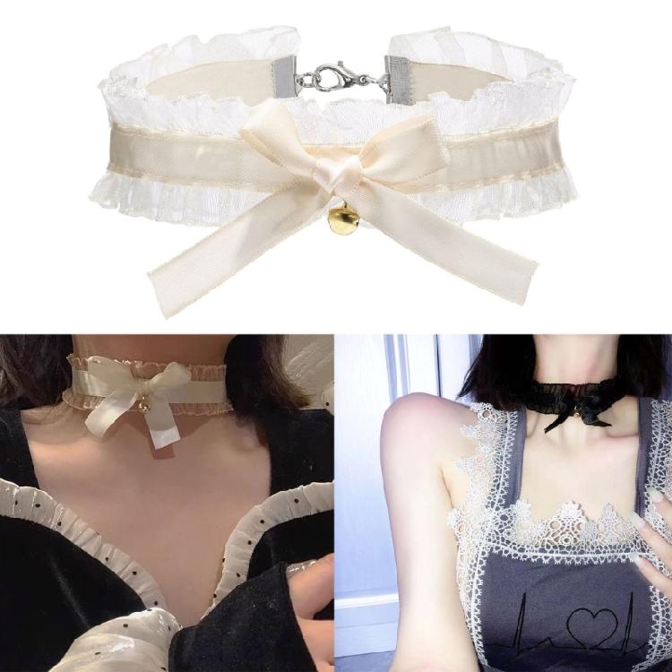 Bow-Knot Choker Collar Necklace Vintage Soft Lace Neck Cahin Ribbon Necklaces