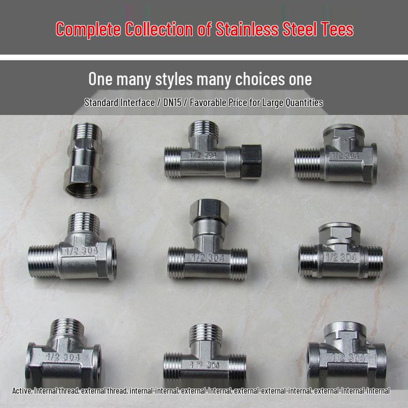Stainless Steel 4-Point Thickened Male & Female Thread Live Joint Tee Gas/Water Pipe Elbow Fittings