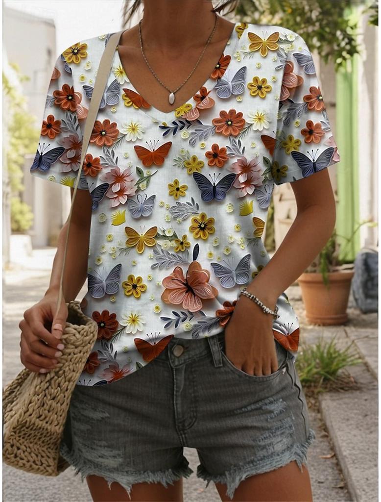 Women's fashionable printed T-shirt with floral pattern, casual short-sleeved V-neck, regular top, everyday printed T-shirt, casual blouse