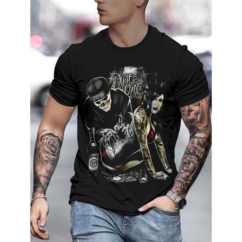 

European sizes Men s Novelty 3D Printed Fashion T-Shirt - Regular Fit, Stretchy Knit Fabric, Casual Round Neck 4XL чорний