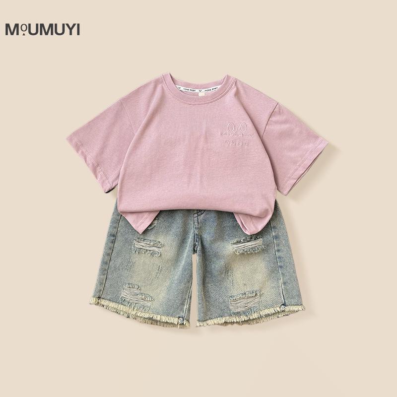 

Boys Summer 2025 Pink Embroidered T-shirt & Denim Shorts Set 140 cm