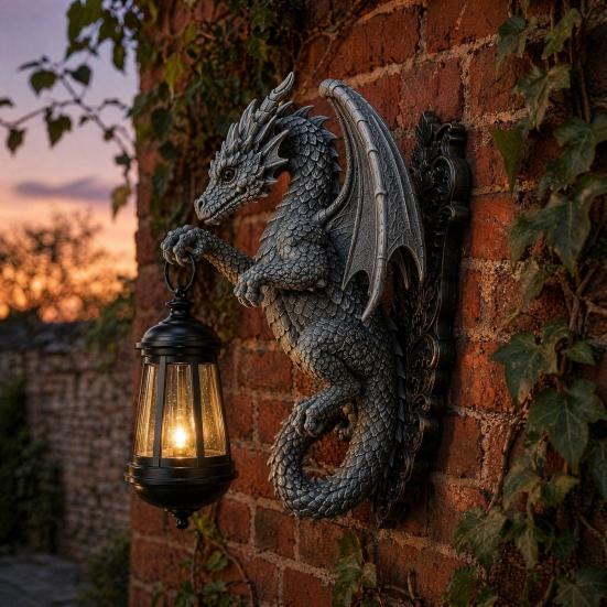 Solar Dragon Wall Light Vintage Resin Outdoor Dragon Sculpture Lamp Waterproof Gothic Garden