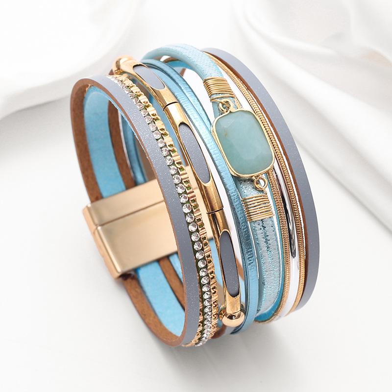 Crystal Magnet Buckle Leather Bracelet Woven Multi-layer Bangle Jewelry Accessory