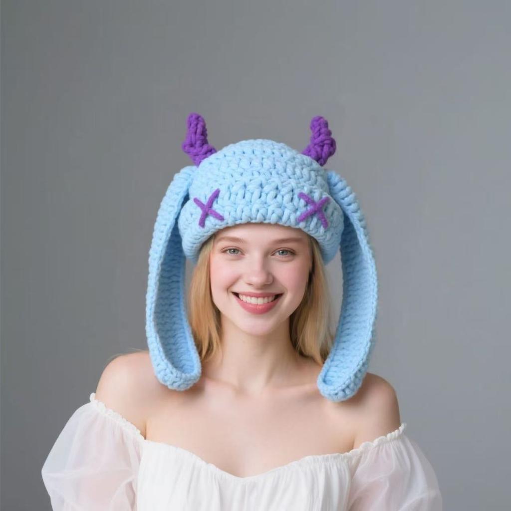 New Little Monster Handmade Knitted Wool Hat Autumn and Winter Thickened Warm Plush Hat Sweet Cool Babe Baotou
