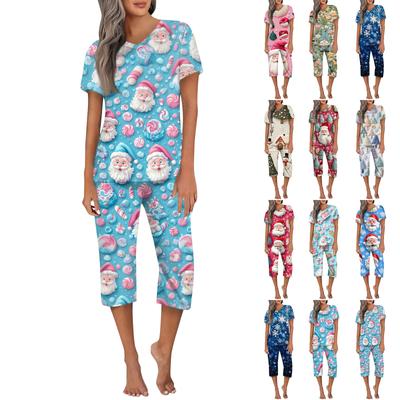Women's Casual Sports Pajamas Short Sleeve Cropped Pants Christmas Printed Set