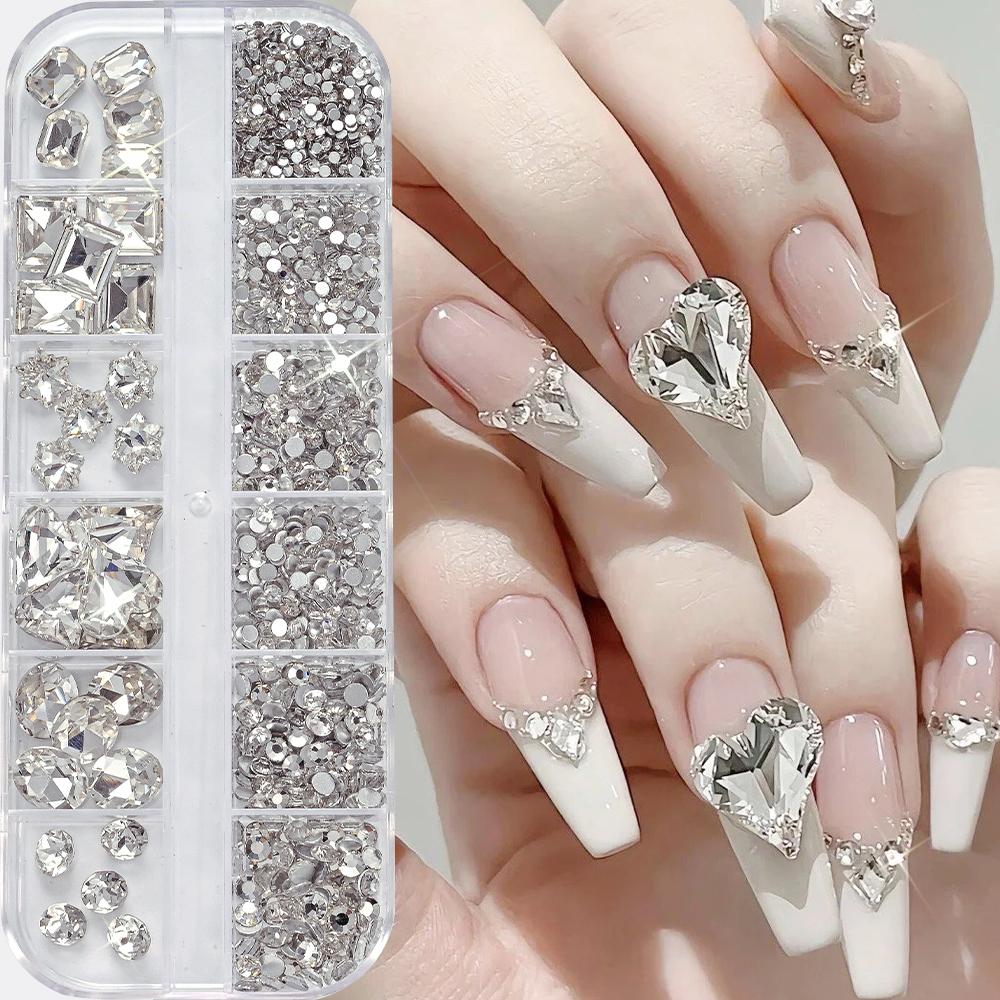 12Grid 3D Mutil-Shapes Shiny Red Diamond Nail Rhinestones SS6-SS16 Round Crystals Nail Gems Luxury Glass Nail Art Gems Decor Y5#
