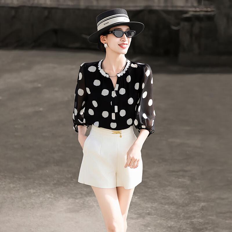 Elegant French Style Polka Dot Three-Quarter Sleeve Blouse XL