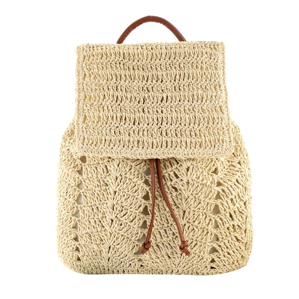 Women Straw Backpack Handmade Woven Casual Beach Holiday Shoulders Bucket Bag