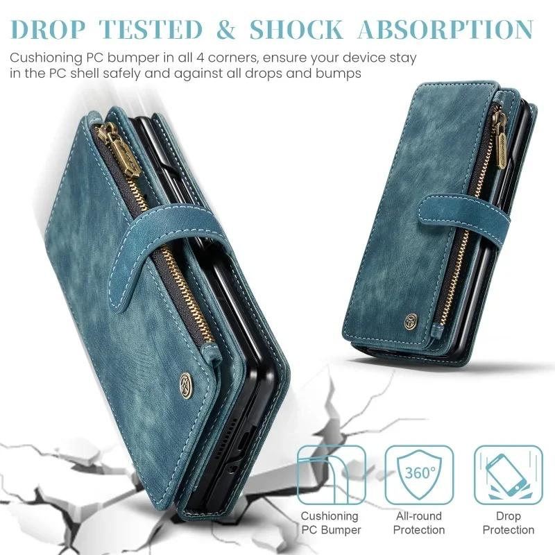 Portafoglio con Zip in Pelle Custodia per Telefono per Samsung Galaxy Z Fold 7 6 5 4 5G Fold7 Fold6 Fold5 Fold4 Portafoglio con Laccetto Scomparto per Carte Custodia