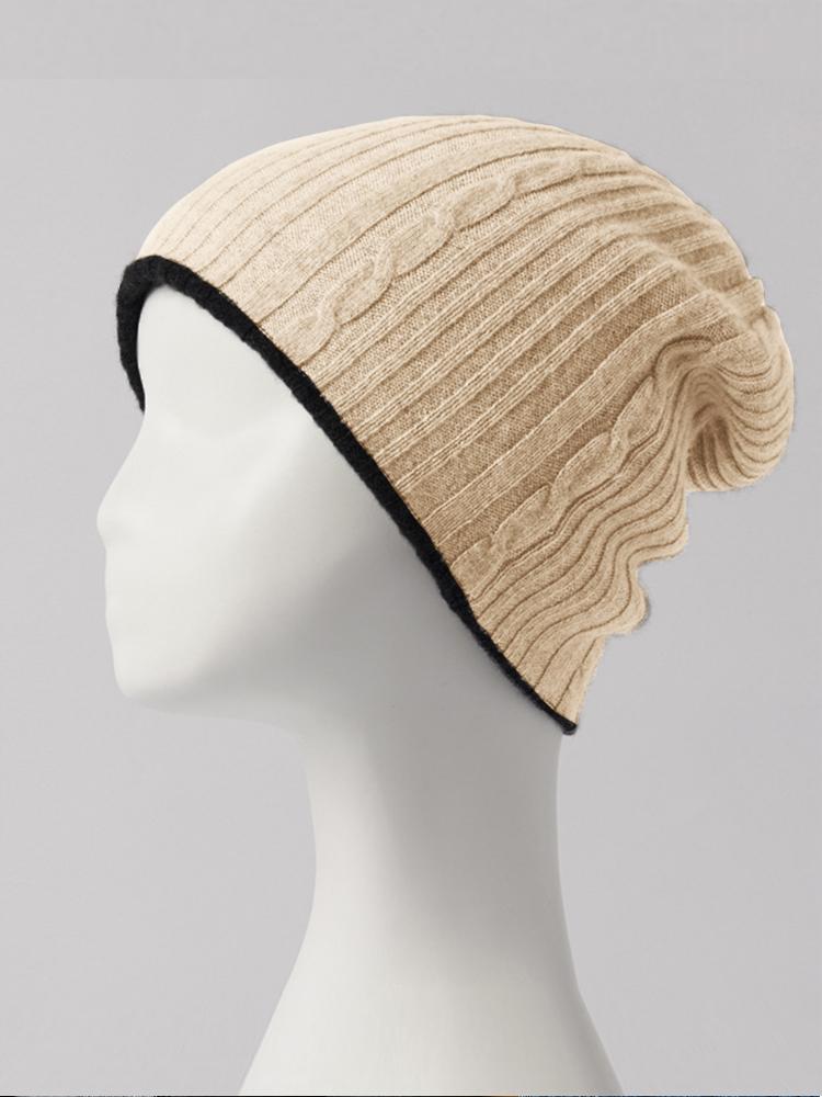 Men S&Women S 100% Cashmere Double-Sided Wearable Thick Twisted Flower Knitted Hat Winter Color Blocking Warm Windproof Pile Cap