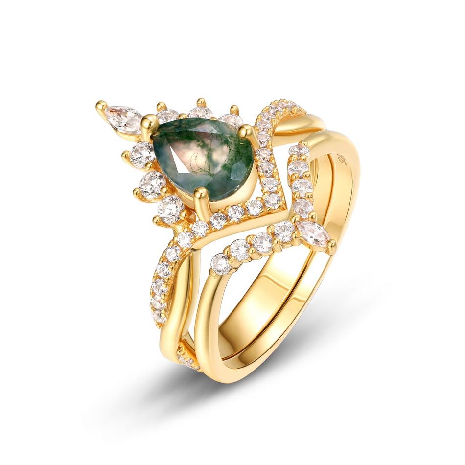 WES   CopperKite Cut Natural Moss Agate Gold Ring Sets For Woman Wedding Bridal Set Valentine Gift Jewelry