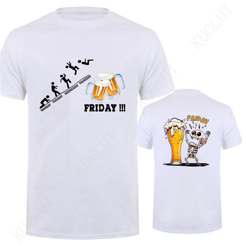 Fashion Skeleton Enjoying FRIDAY Beer Day Tees Back Print Men's T-Shirt Finally Friday for Drink Lover Male Oversized Clothing