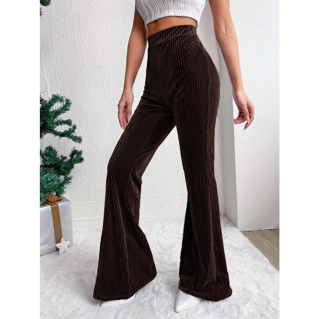 Ladies, High Waisted, Corduroy, Flared Pants, Solid Color, Casual Pants, Wide Leg Pants, Long Pants