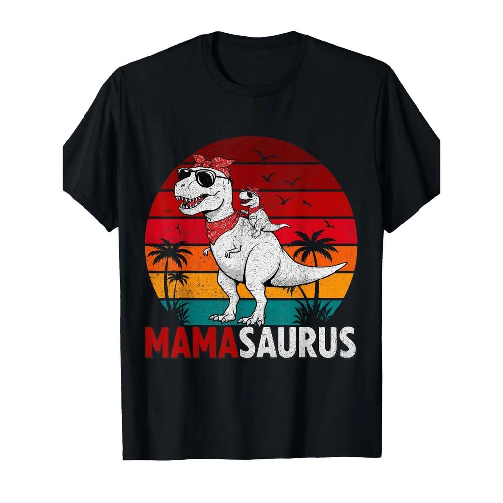 Mama Saurus T-Rex Mama i Dziecko Dinozaur Graficzny T-shirt Retro Zachód Słońca Palmy Codzienny Prezent Koszulka