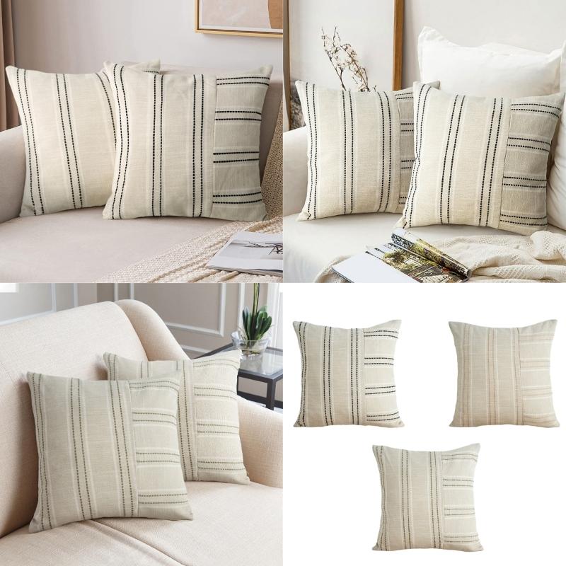 Pillow Case Polyester Cotton Beige with Color Stitching Perfectly for Sofa Bedroom Office Chair Decoration Pillowcase
