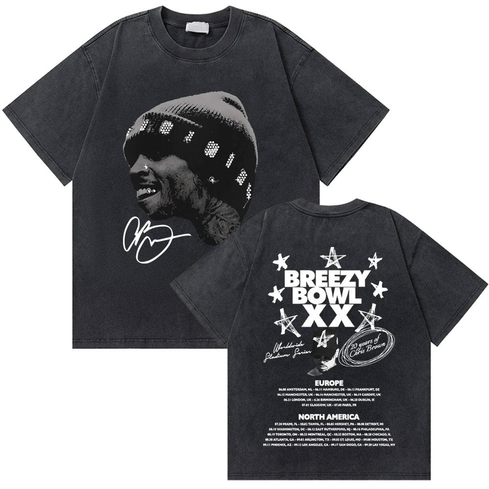 Washed Rapper Chris Brown Breezy Bowl XX World Tour Tshirts Men Women Hip Hop Retro Tshirt Mens Fashion Trend Streetwear