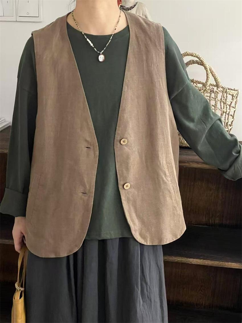 

Johnature Vintage Vest Jacket for Women Autumn Style Loose Casual Versatile Layering V-neck Coats One Size кофейный