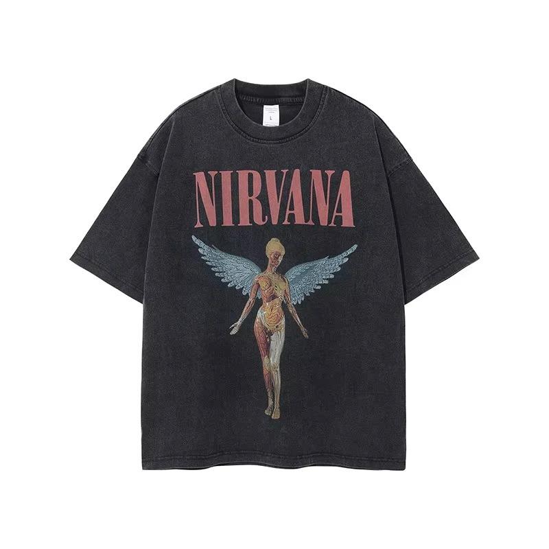 Nirvana Rock Band Men's Retro Cotton Washed Tee In Utero Album Man Women's Oversized Y2K Distress Tshirt Casual Loose Streetwear