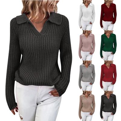 Women's Fashionable Solid Color Lapel Long Sleeved Fashionable Versatile Pullover Sweater Top
