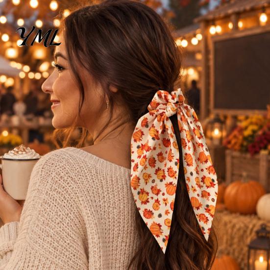 Autumn Theme Hair Ties for Gifts Fall Pumpkin Maple Leaf Tie Women, Bow Knot Ribbon Ponytail Cute Scrunchies Holiday Parties Holder, Soft Fabric