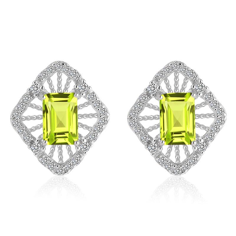 S925 Silver Stud Earrings with Natural Crystal/Topaz, Hollow Geometric Jewelry for Women