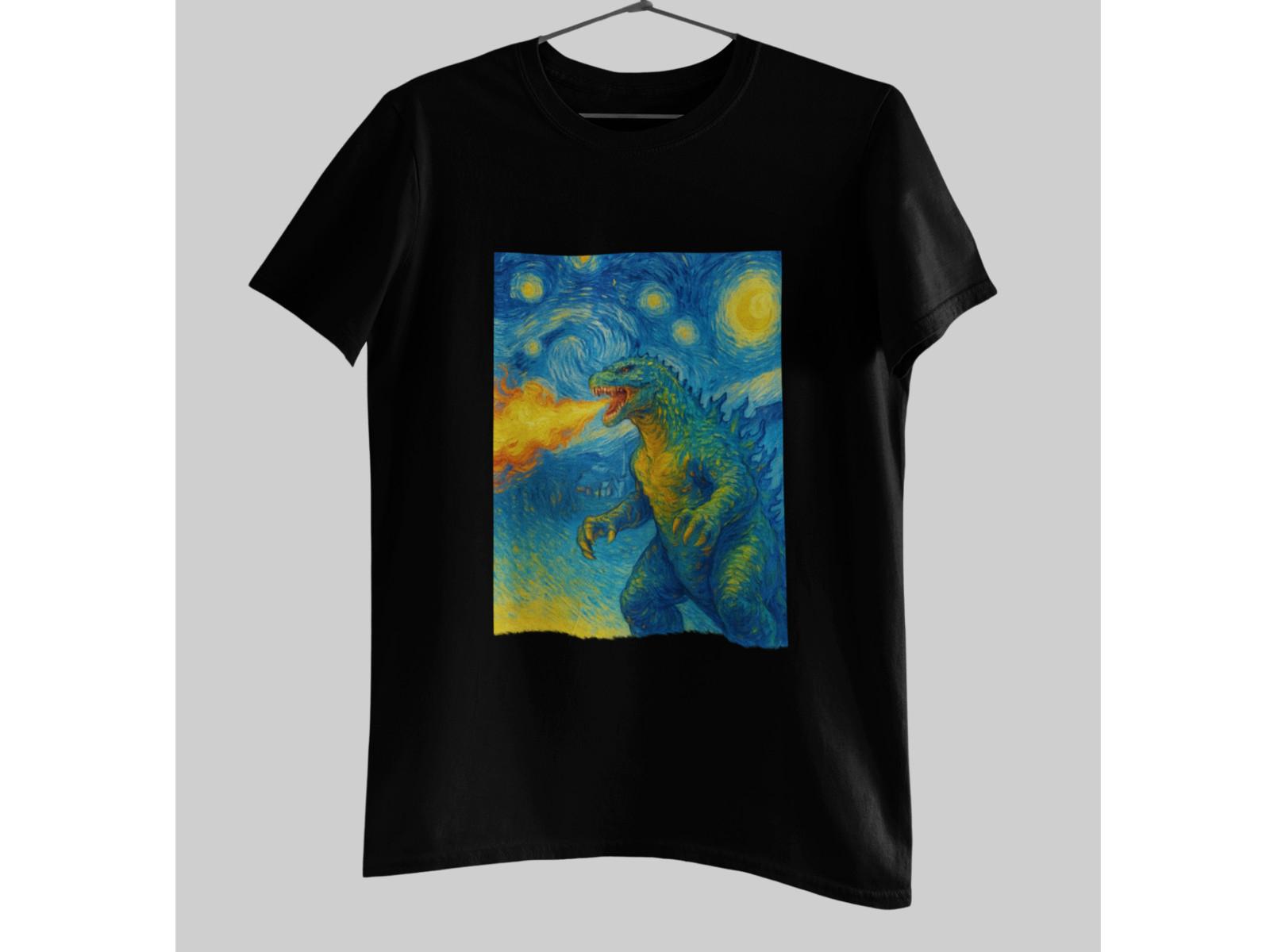 Starry Night Godzilla T-Shirt Van Gogh Inspired Kaiju Fire Breath Art Tee Cotton 3XL