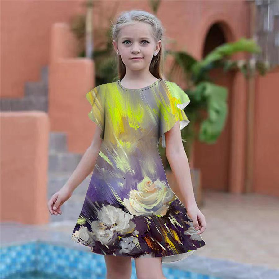 Girls Green Graffiti Rose Print Dresses Kids Girl Party Dress Loose Fitting Loose Fitting Short Sleeved Skirt For Girls Over Four Years Old