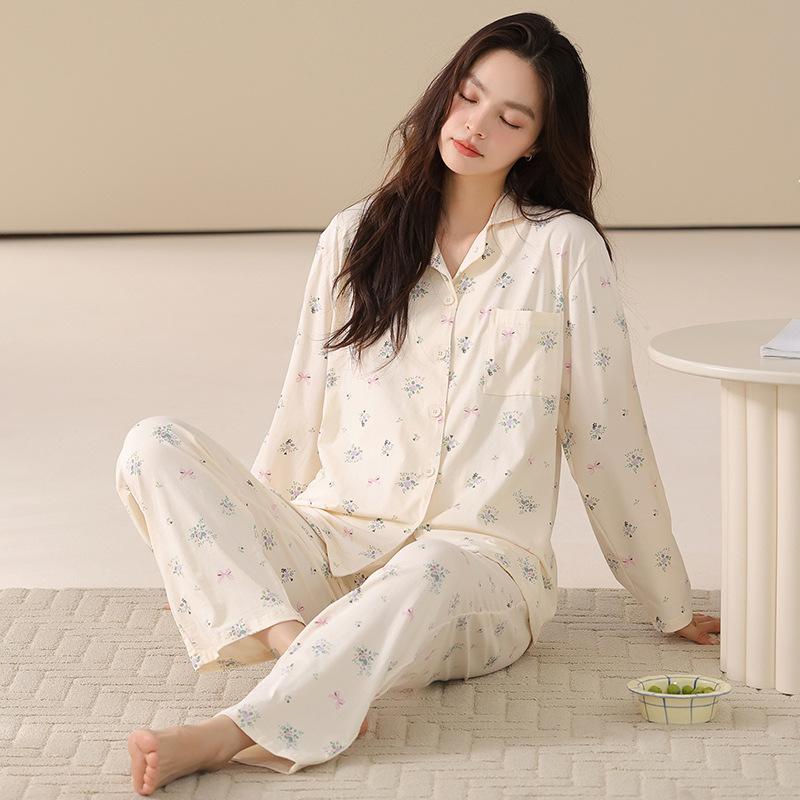 1011 New Pajamas Women's Spring and Autumn Cotton Long Sleeve Fashion Simple Autumn and Winter Universal Homewear Set