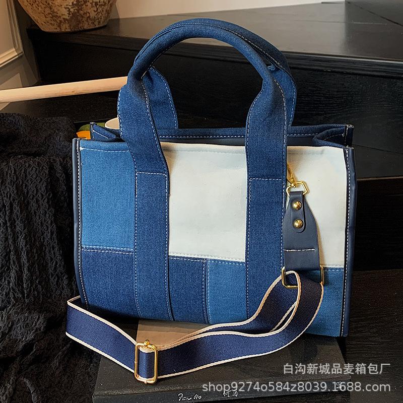 2025 summer new casual portable tote bag women's fashion color matching denim versatile messenger shoulder bag