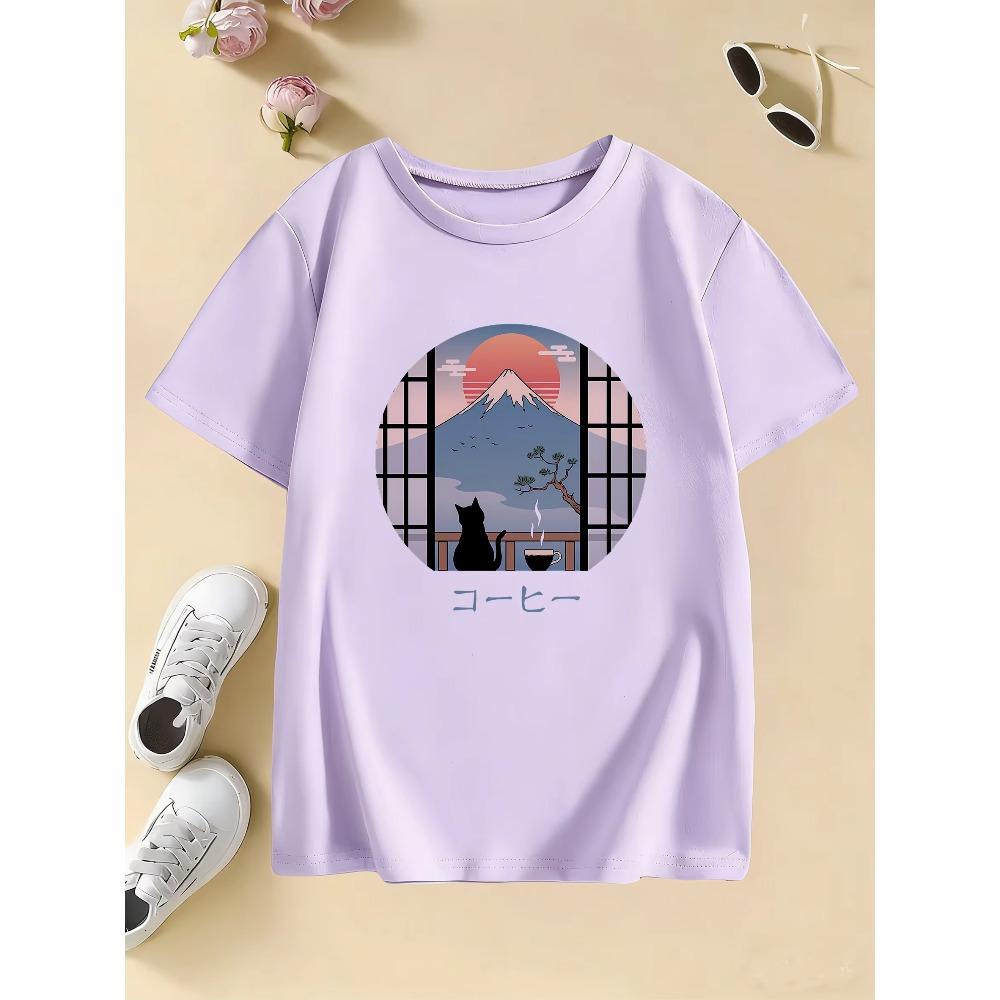 T-shirt Stile Giapponese Fiore con Gatto Manga Bambini T-shirt Bambino Ragazzo Ragazza Estate Primavera Top Casual Tee