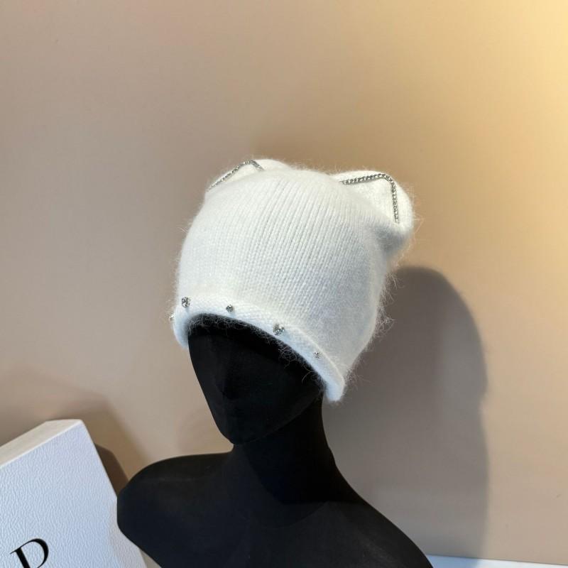 High Quality Diamond-embellished Rabbit Fur Beanie Winter Warm Knit Hat With Ear Flaps