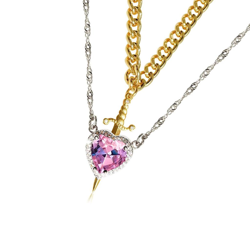 Crystal Heart and Swords Zircon Pendant Necklace for Women Men Adjustable Neckchain Silver/Gold Plated Chain Choker