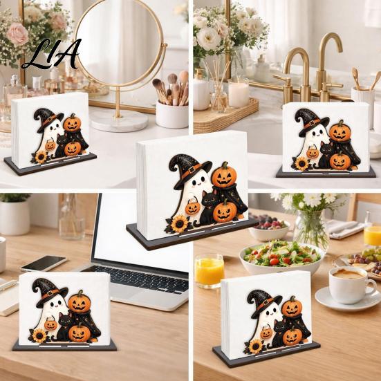Decorative Paper Stand Halloween Wooden Napkin Holder for Table, Ghost Pumpkin Black Cat Standing Tabletop Organizer Dispenser, Towel Kitchen