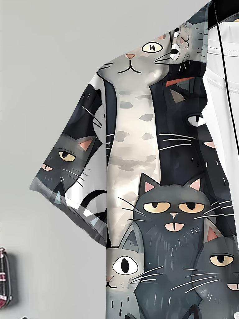 New Men'S Casual 3D Black Base Watercolor Cat Print Shirt