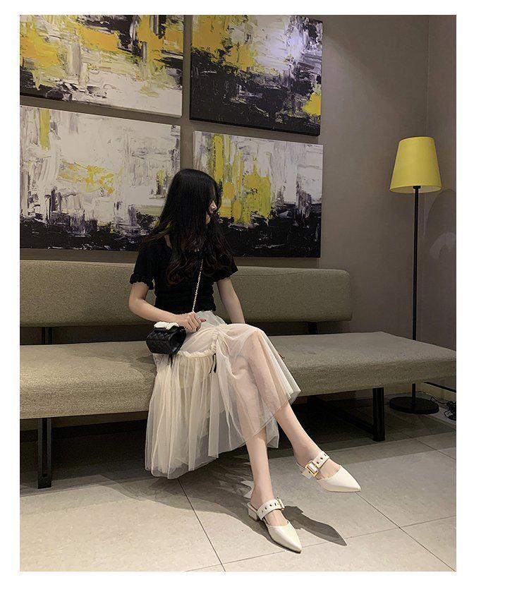 Women's 2025 Summer Korean Style Pointed Toe Closed Slippers with Belt Buckle & Chunky Heel