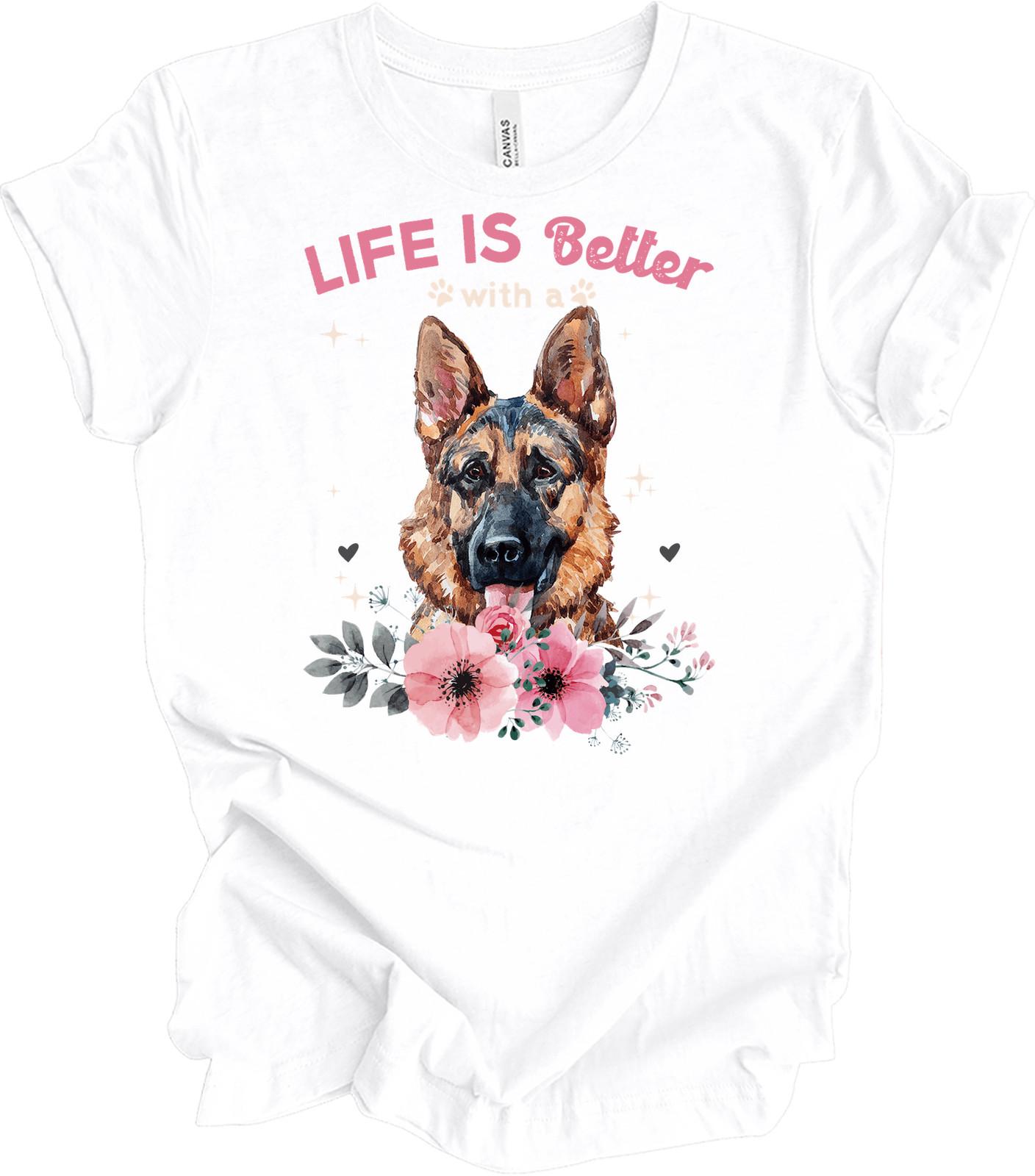 Floral German Shepherd Shirt Life is Better With a Dog Mom Gift Flower Wreath S