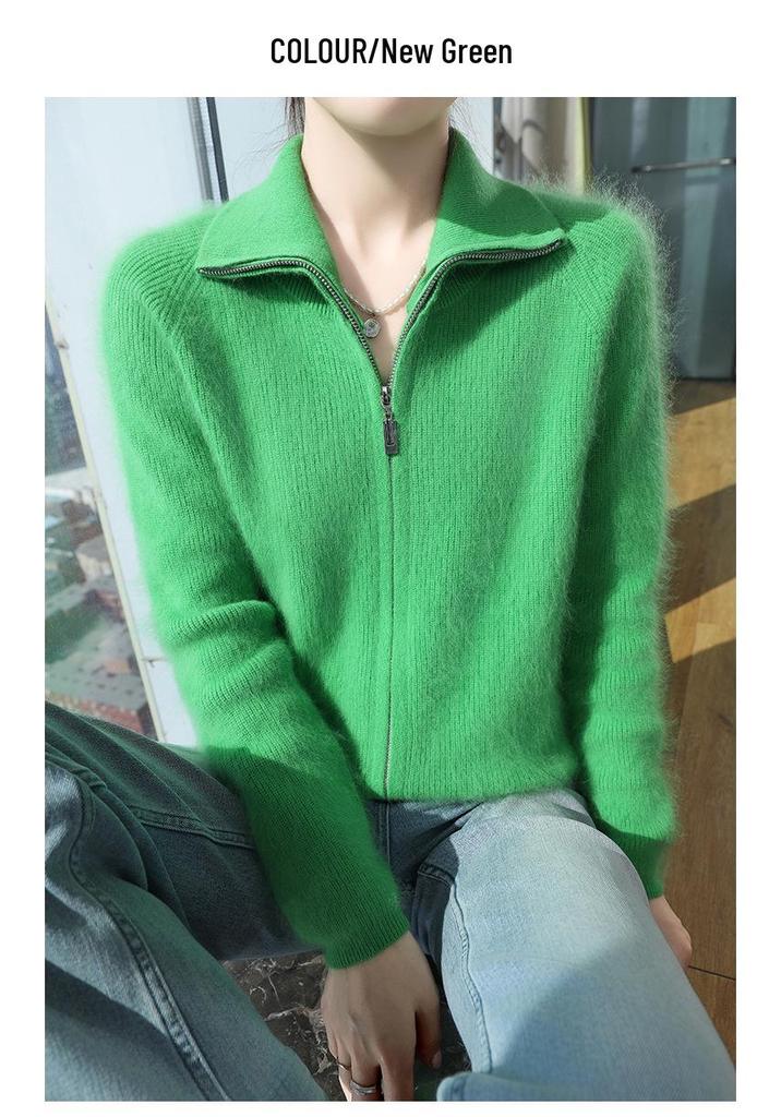 Lekasha 100% Mink Cashmere Zipper Knit Cardigan - Women's Loose, Versatile Autumn/Winter Outerwear