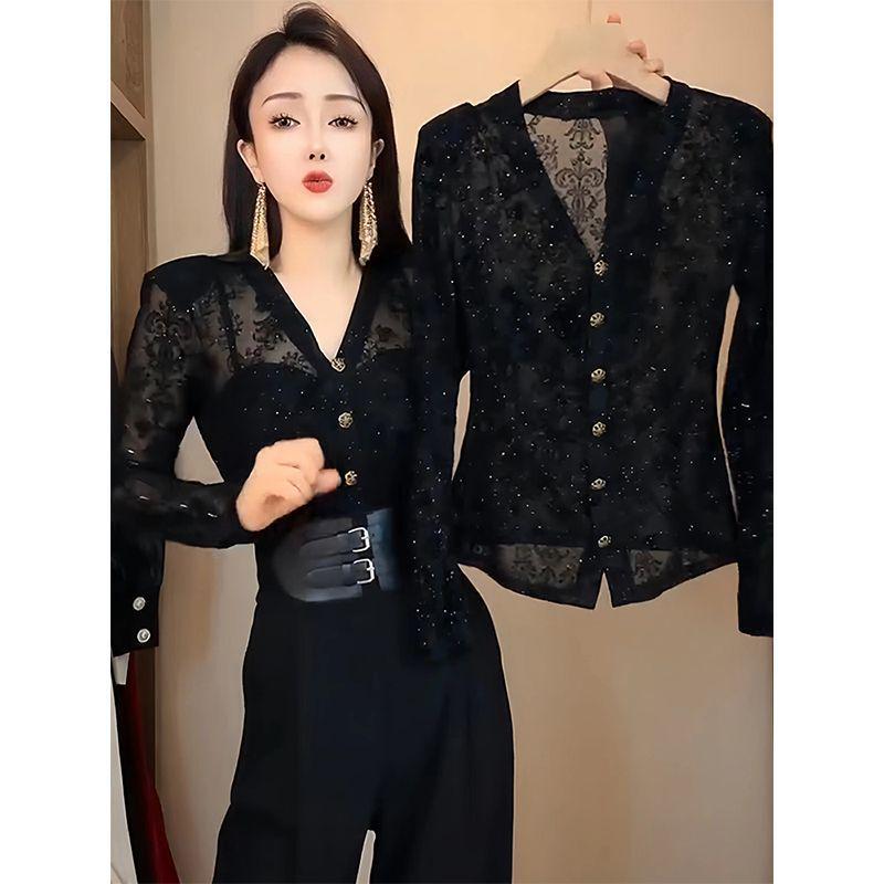 

European V-Neck Long-Sleeve Lace Shirt - Autumn/Winter Slim Fit XL (125 jin)