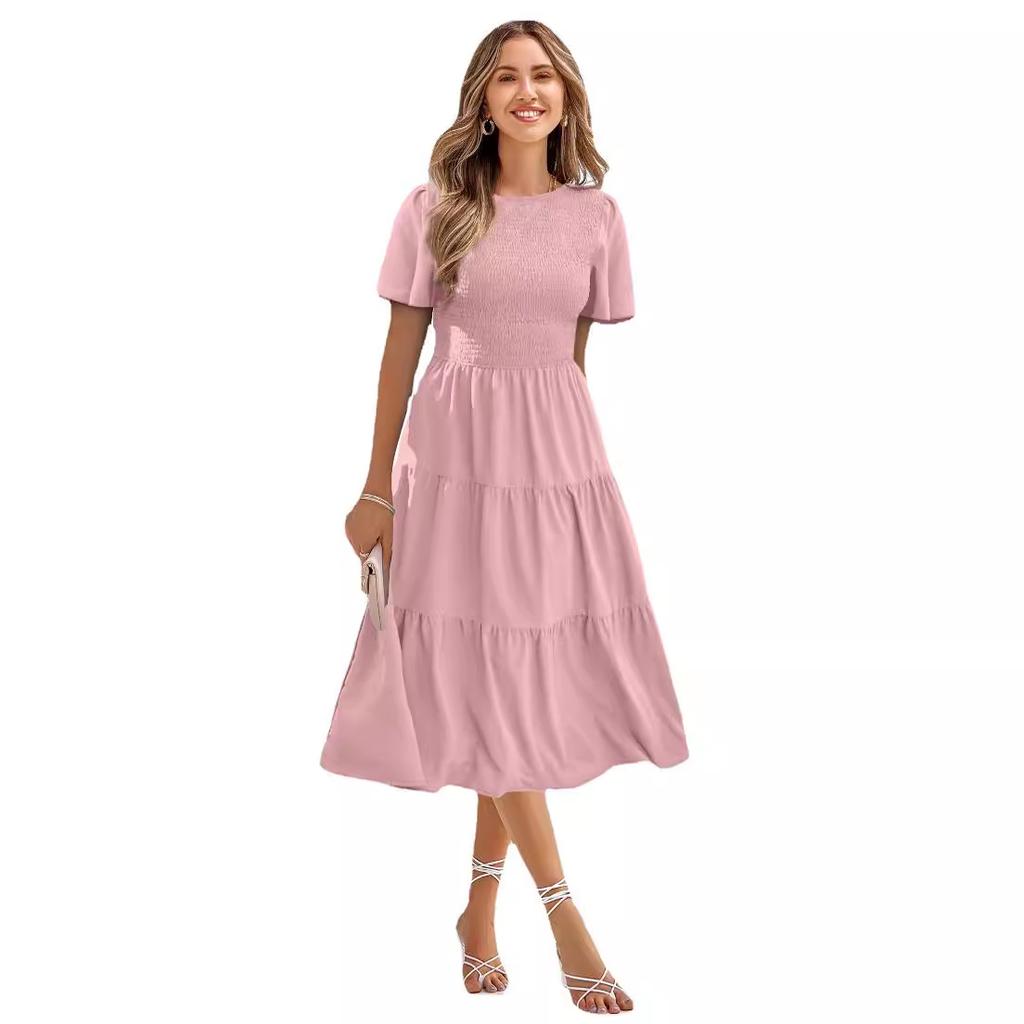 QICED Waist Slimming Swing Dress Spring and Summer Round Neck Play Wrap Holiday Skirt