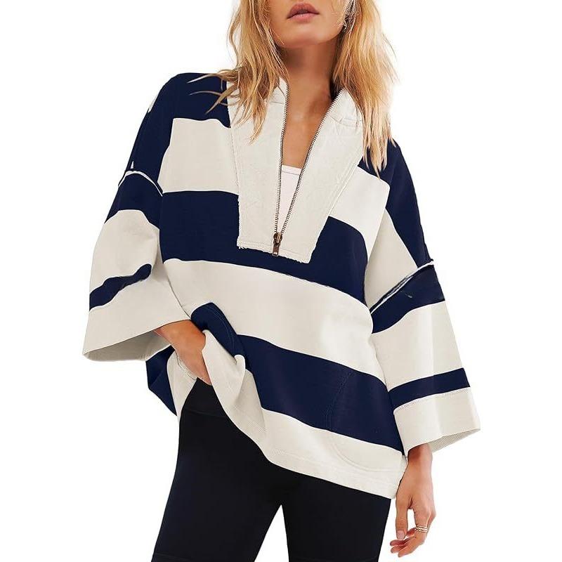 Women's Oversized Striped Shirt Half Zip Sweatshirt Patchwork V Neck Top Casual Loose Pullover