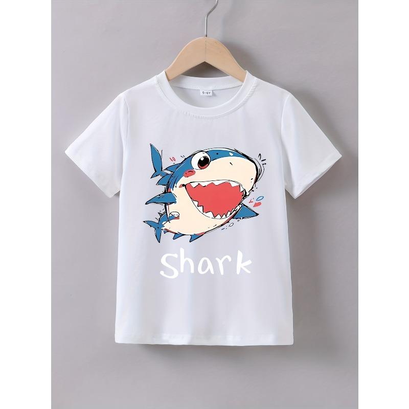 Boys  Summer Short Sleeve  Cartoon Letter Shark  Print T-Shirt 110