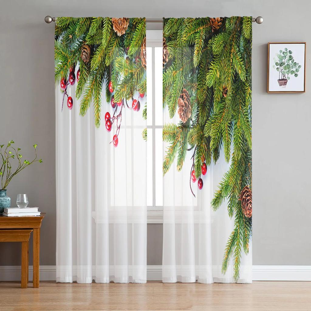 Christmas Tree Snowflakes Bow Red Dots Chiffon Sheer Curtains for Living Room Bedroom Decoration Window Voiles Tulle Curtain
