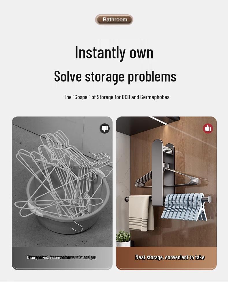Wall-Mounted Punch-Free Clothes Hanger and Storage Rack